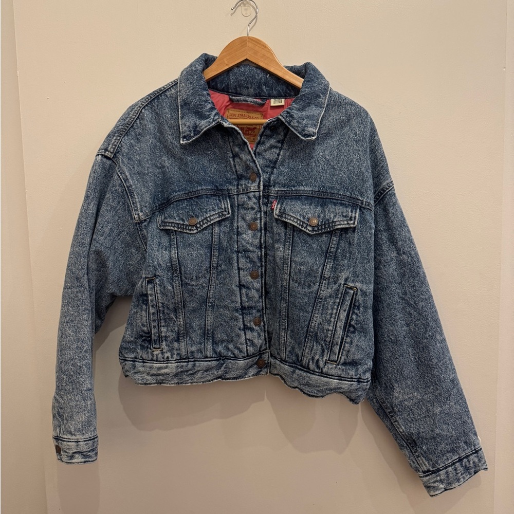 Levi's Blue Acid Wash Denim Jean Jacket with Pink Lining